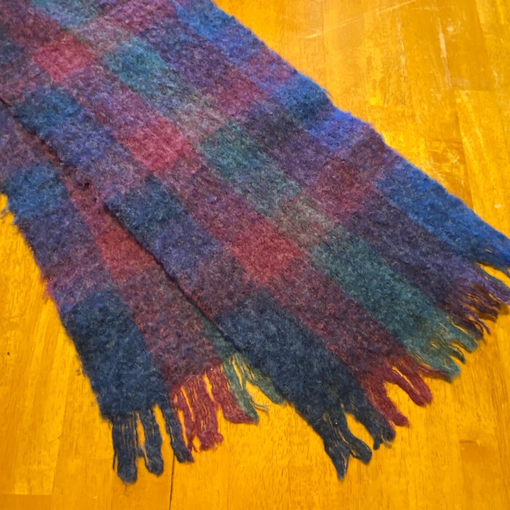 Nasharr Scarf Blue Purple Magenta Excellent Plaid Wool Blend Made in Japan